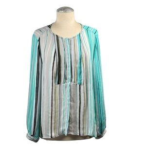 Worthington Green‎ and Blue Long Sleeve Pleated Blouse